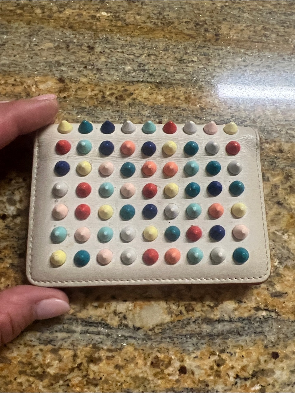 Christian Louboutin Cream Leather Card Holder with Multicolor Studs